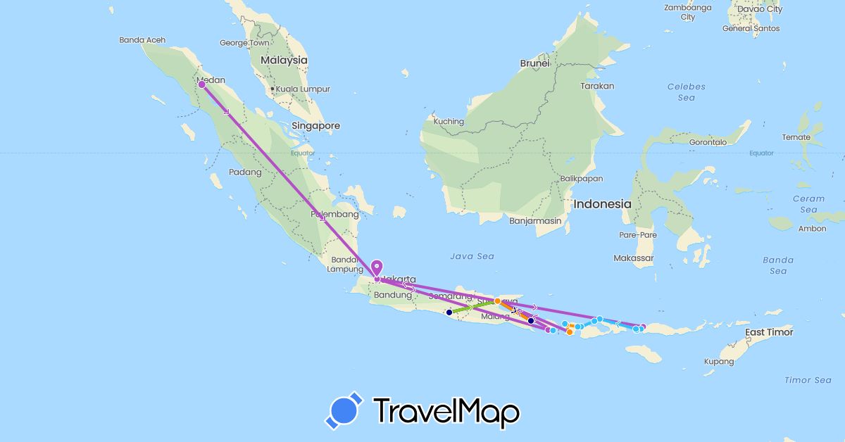TravelMap itinerary: driving, train, boat, hitchhiking, electric vehicle in Indonesia (Asia)